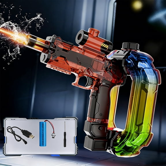 Auroras Ice Blast Water Blaster, Automatic Continuous Pulse Water Sprayer with Colorful LED Lights and Sound Effects, Rechargeable Outdoor Summer Water Gun for Pool Beach, Red