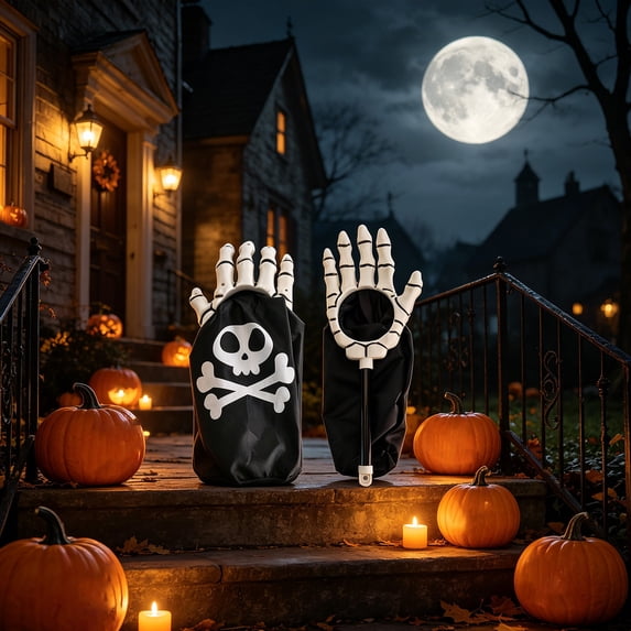 Aurorax Black Trick or Treat Basket with Extended Arms,Skeleton Hand Halloween Basket Reusable Treat Bag,Skull Halloween Bucket for Kids Adults