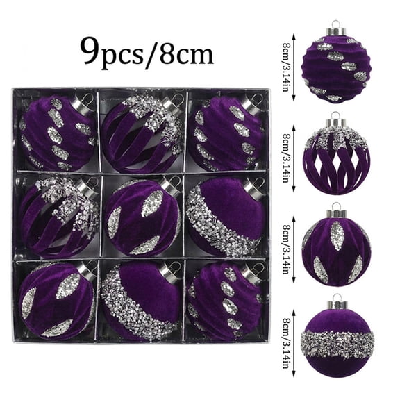 Aurorax Christmas Ball Ornaments Sets,Purple Christmas Balls for Tree,9 Pcs Shatterproof Velvet Glitter Hanging Christmas Decorations for Home Inside Decor