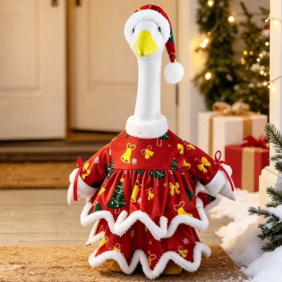 Aurorax Christmas Porch Goose Outfit 19 inch,Goose Clothes for Cement Goose Porch Goose 23"/17",Red Holiday Bells Printed Raws Edges Dress Porch Goose Costume for Outdoor Yard