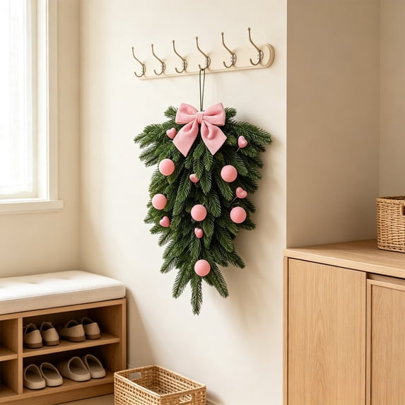 Aurorax Christmas Wreaths for Front Door,Artificial Norfolk Pine Wreath with with Pink Christmas Balls Pink Bow,Hanging Holiday Outdoor Wreaths for Windows