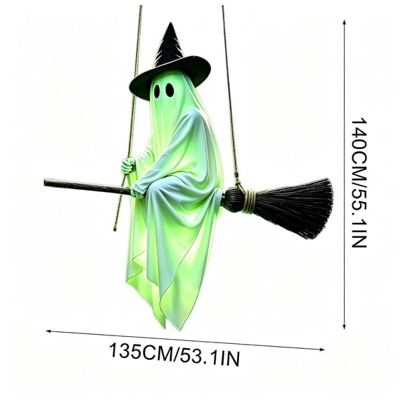 Aurorax Early Halloween Decorations Outdoor,Hanging Ghost Decor,Flying Ghost on Broomstick with Witch Hat Remote Control 5ft Light-Up Spooky Cute for Front Porch Yard Tree Green