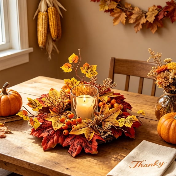 Aurorax Fall Candle Holders,Fall Candle Ring Wreath with Maple Leaves Berries Sunflower Table Centerpiece Farmhouse Thanksgiving Harvest Decor