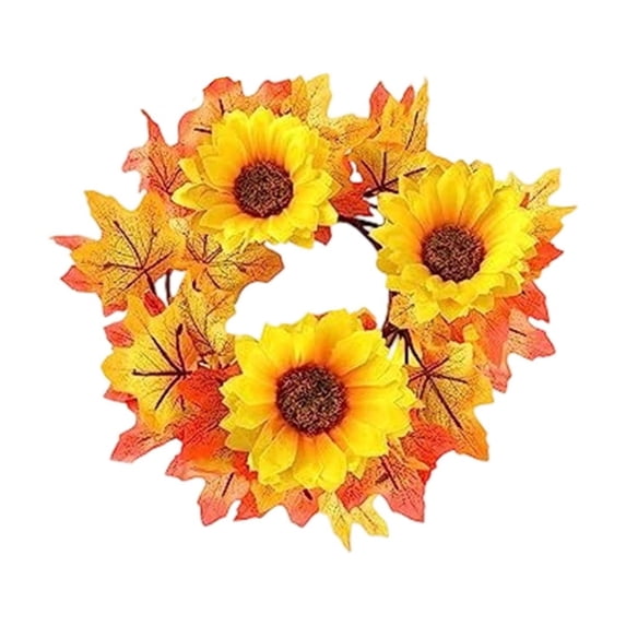 Aurorax Fall Candle Holders,Fall Candle Ring Wreath with Maple Leaves Sunflower Rustic Thanksgiving Harvest Decor Table Centerpiece Yellow