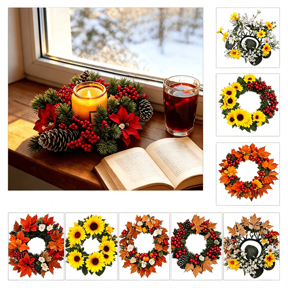 Aurorax Fall Candle Ring Wreath,Fall Candle Holders with Berries Pinecones Maple Leaves Rustic Thanksgiving Harvest Decor Table Centerpiece