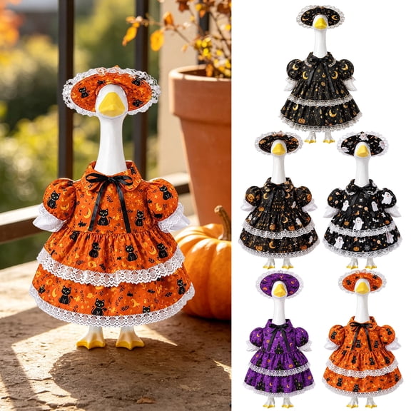 Aurorax Fall Porch Goose Outfit 19 inch,Goose Clothes for Cement Goose Porch Goose 23"/17",Pumpkin Lace Hat Skirt Halloween Black Porch Goose Clothing Accessories for Outdoor Yard