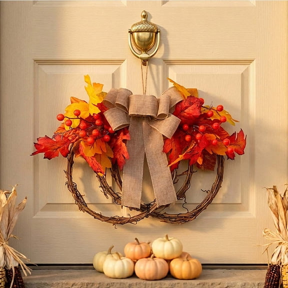 Aurorax Fall Wreaths for Front Door,Pumpkin Wreath with Berries Bows Maple Leaves Farmhouse Thanksgiving Harvest Decor for Outside Indoor Window Red