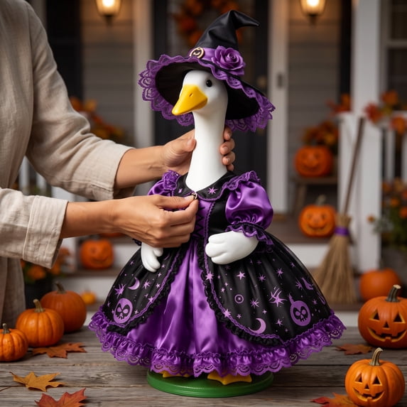 Aurorax Halloween Goose Clothes for Cement Goose Porch Goose 23"/17",Porch Goose Outfit 19 inch,Witch and Broomstick Purple Holiday Porch Goose Clothing Accessories for Outdoor Yard