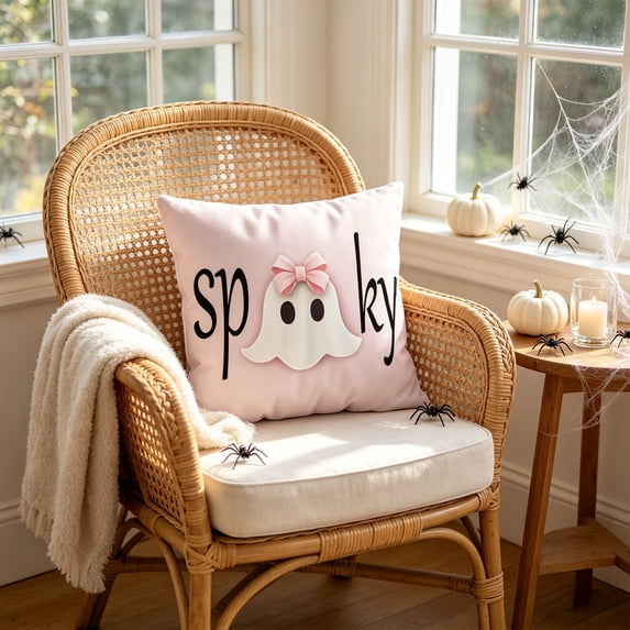 Aurorax Halloween Pillow Covers 18x18,Square Decorative Pink Pillow Covers for Couch Sofa,Cute Spooky Pink Ghost Decor for Halloween Home Indoor