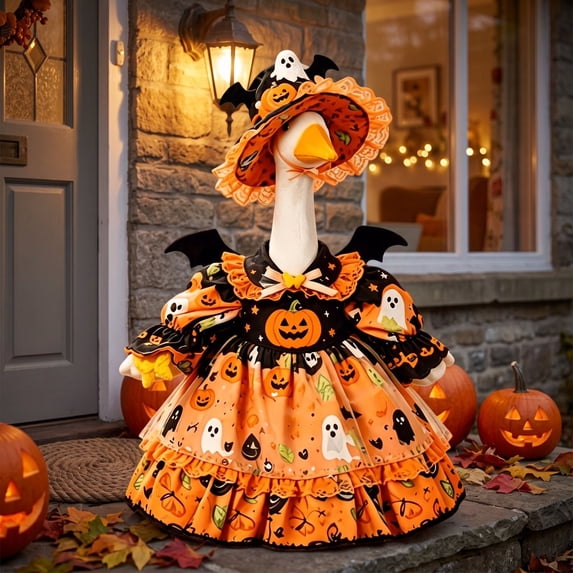 Aurorax Halloween Porch Goose Outfit 19 inch,Goose Clothes for Cement Goose Porch Goose 23"/17",Orange Holiday Pumpkin Lace Hat Skirt Porch Goose Accessories for Outdoor Yard