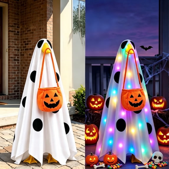 Aurorax Halloween Porch Goose Outfit 19 inch with String Light,Goose Clothes for Cement Goose Porch Goose 23"/17",Light up White Ghost and Candy Bag Holiday Porch Goose Costume