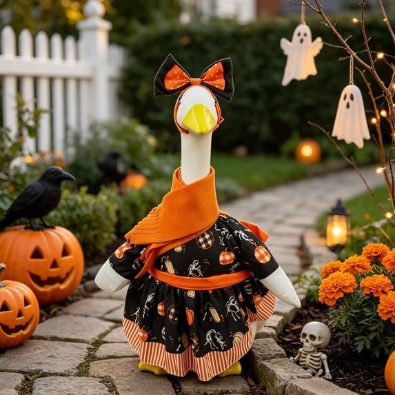 Aurorax Halloween Porch Goose Outfit 23"/19 inch/17in,Goose Clothes for Cement Goose Porch Goose,Pumpkin Dress and Bow Fall Porch Goose Clothing Accessories for Garden Lawn Yard