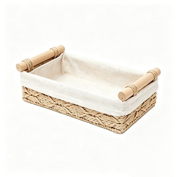 Aurorax Hand Woven Storage Basket with Wooden Handles Decorative Woven Basket Boho Rustic Farmhouse Natural for Shelves Bathroom Kitchen Closet Countertop Home Organization