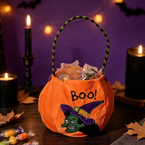 Aurorax Orange Halloween Basket,Trick or Treat Bucket Pumpkin Reusable Velvet Candy Bag,Halloween Totes for Adults Home Decor