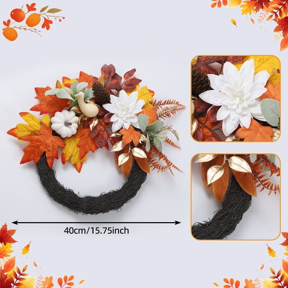 Aurorax Outdoor Fall Wreaths for Front Door,Fall Wreath Decorations with White Pumpkin Maple Leaves Sunflower Autumn Farmhouse Orange Thanksgiving Harvest Decor for Outside Indoor Window