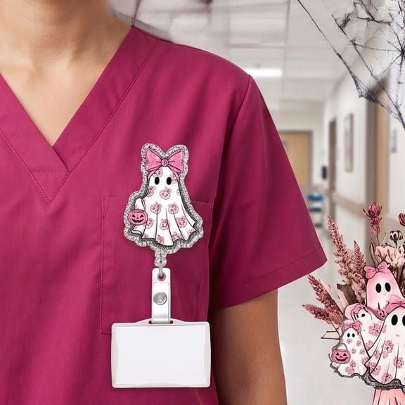 Aurorax Pink Bow Badge Reel,Halloween Badge Holder with Clip,Glitter Cute Bow Ghost And Pumpkin Id Card Holder for Nurses Office Worker Assistant