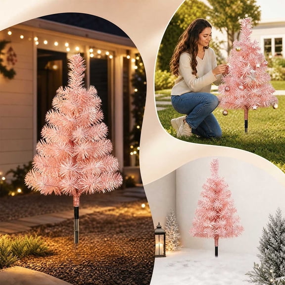 Aurorax Pink Christmas Trees,Fake Small Christmas Trees,Solar Powered Unlit Waterproof Artificial Xmas Tree for Lawn Garden Porch