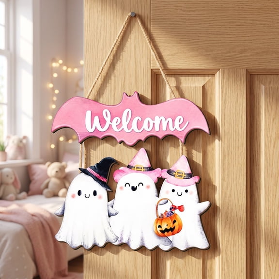 Aurorax Pink Ghost Decor,Halloween Ghost Door Hanging Sign,Cute 2D Wooden Ghost Welcome Doorplate Decor