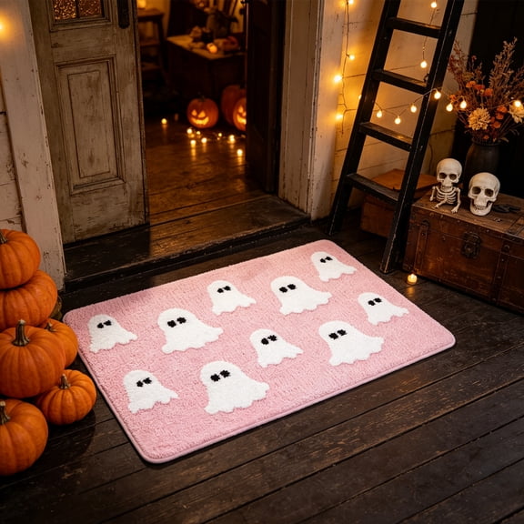 Aurorax Pink Halloween Decor,Halloween Ghost Bath Mat,Cute Spooky Absorbent Non Slip Soft Faux Halloween Ghost Door Rug