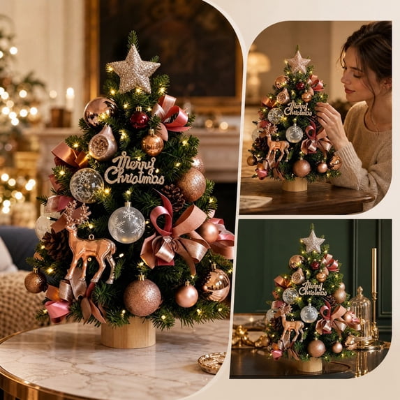 Aurorax Prelit Christmas Tree with Treetop and Bow,Mini Tabletop Christmas Tree with Lights,Vintage Shatterproof Pink Christmas Ornaments for Office Bedroom Indoor