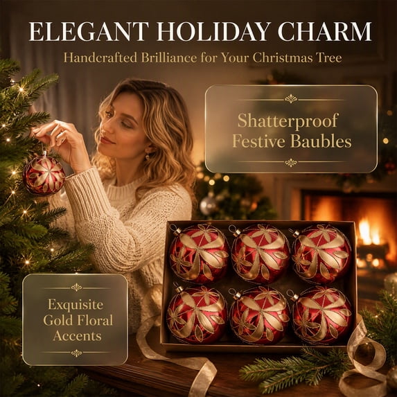 Aurorax Shatterproof Christmas Ball Ornaments,6 Pack Christmas Tree Ornaments Balls Sets,Golden Floral Red Plastic Hanging Holiday Party Home Decor Indoor Outdoor