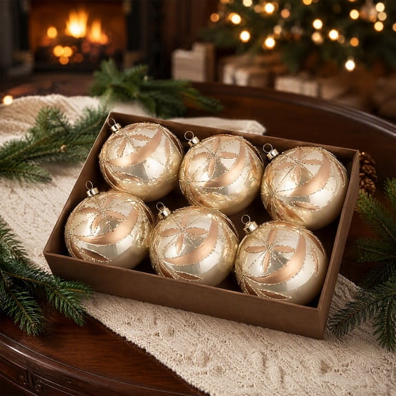 Aurorax Shatterproof Christmas Ball Ornaments,6 Pcs Christmas Tree Ornaments Balls Sets,Handmade Yellow Golden Floral Plastic Holiday Ornament Set for Home Decor