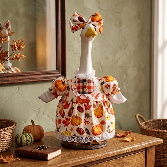 Aurorax Thanksgiving Porch Goose Outfit 23"/19 inch/17in,Goose Clothes for Cement Goose Porch Goose,Lady Skirt and Bow Holiday Pumpkin Printed Porch Goose Clothing Accessories for Outdoor