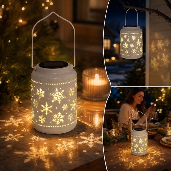 Aurorax White Outdoor Lanterns for Decor Solar for Garden and Deck,Outdoor Christmas Decorations for Porch,Snowflake Waterproof Solar Holiday Lights Projector for Patio