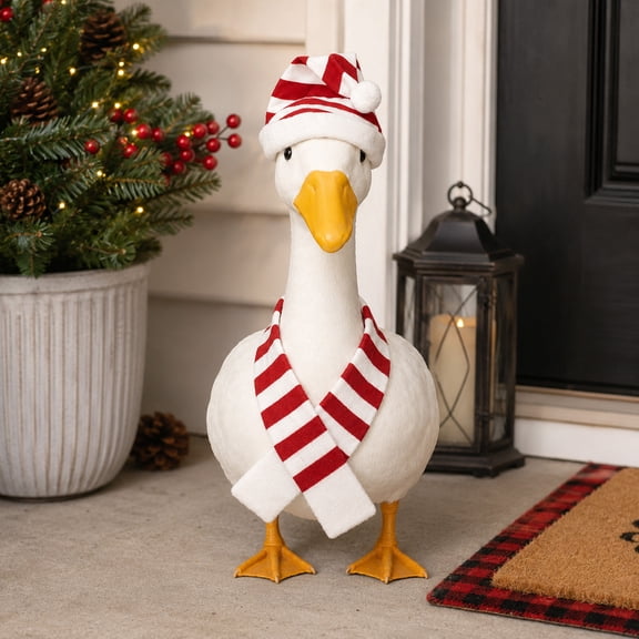 Aurorax Winter Goose Clothes for Cement Goose Porch Goose 23"/17",Porch Goose Outfit 19 inch Red White Decoration,Scarf and Hat Christmas Red Porch Goose Accessories for Garden Lawn Home Decor