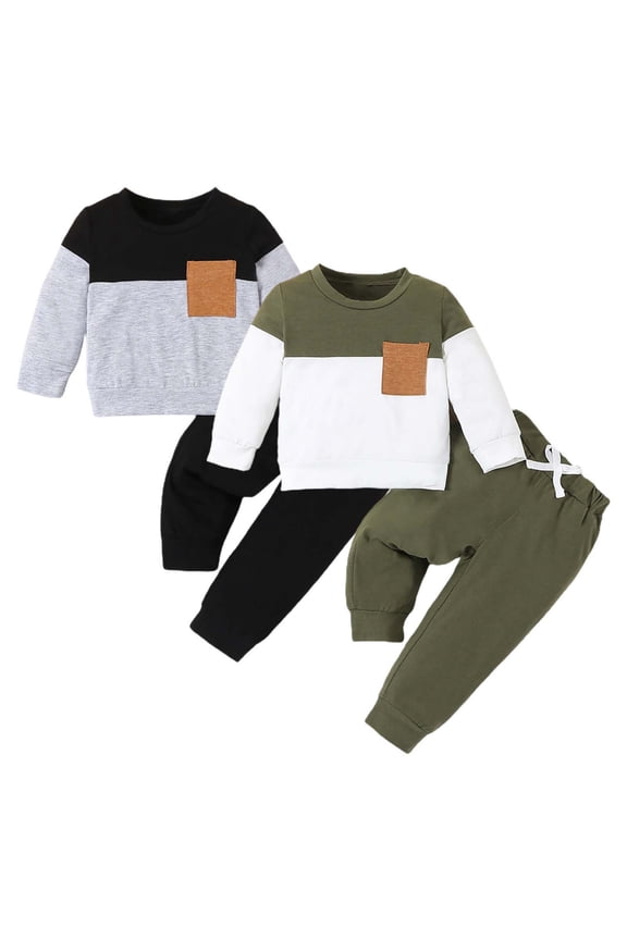 2 Piece Set Baby Boy Clothes 12 Months Boys and Babies Spring and Fall Color Blocked Round Neck Long Sleeved Sweatshirt+Pants Two-piece Set Army Green 12 Months