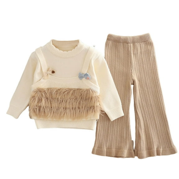 Auroural 2 Piece Sets for Girls Size 7 Winter Girls' Knitted Sweater Set Children's Cardigan Two-piece Set Top And Trousers Beige 7-8Years