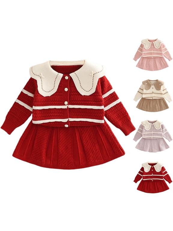 2T Baby Girl Clothes 24 Months Girl Skirts Set Winter Girls' Knitted Sweater Set Children's Cardigan Two-piece Set Top And Skirt 2-3Years
