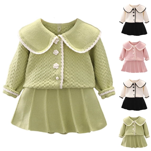 Auroural 2T Baby Girl Skirts Set Long Sleeve Winter Girls' Knitted Sweater Set Children's Cardigan Two-piece Set Top And Skirt 2-3Years
