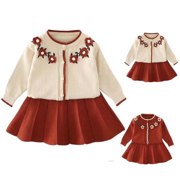 Auroural 2T Girls Clothes Sets Baby Girl Skirts Set Children's Knitted Sweater Flower Cardigan Two-piece Top And Half Skirt Sweet And Cute Set 2 Years