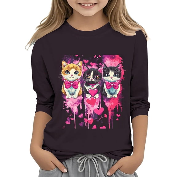 Auroural 5T Girls Clothes 5T Girls Shirts Long Sleeve 3-12Years Children's Fashion Cute Playful Print 3/4 Sleeve Round Neck Tops/shirt Black