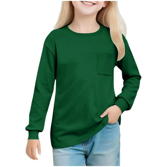 Auroural 5T Girls Clothes 5T Girls Shirts Long Sleeve Girls' Solid Color Round Neck Long Sleeved Top Children's Pullover Shirt For 5-14 Years Green