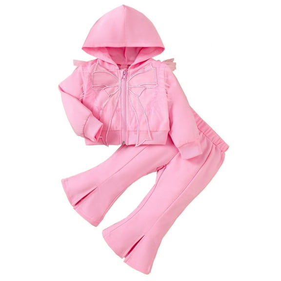 Auroural Baby Clothes for Girls 12 to 18 Months Fashionable Baby Girl Spring Bow Hooded Sweatshirt Jacket Casual Flared Pants Suit Pink 12 Months