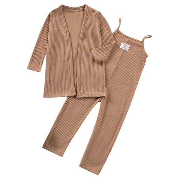 Auroural Baby Girl Clothes 12 Months Spring And Fall Girls' Solid Color Long Sleeved Coat Windbreaker Top+camisole Jumpsuit Casual Two-piece Set Long Sleeved Round Neck Top/shirt Set Brown 1 Years