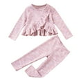 thumbnail image 1 of Auroural Baby Girl Clothes 18-24 Months Spring And Fall Style Girls' Solid Color Long Sleeved Casual Ruffle Edge Long Sleeved Round Neck Top Set Fashionable Temperament Two-piece Set Pink 2 Years, 1 of 9