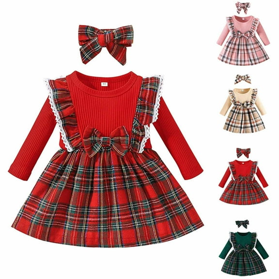 Auroural Baby Girl Sets 12 Months Girl Skirt Set Children's Christmas Plaid Skirt Round Neck Long Sleeved Dress With Headband Set 12 Months