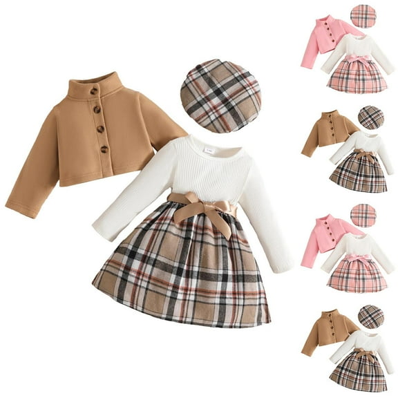 Auroural Baby Girls Skirts and and Sweatshirts Fall And Winter Sweet And Fashionable Solid Color Fleece Stand Collar Long-sleeved Jacket   Classic Plaid Belt Dress   Beret Three-piece Set 6 Months