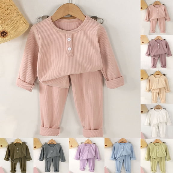 Auroural Boys Girls Ribbed Knit Homewear Set Crew Neck Long Sleeve Top Long Pants Outfit Warm Set 0-10 Years