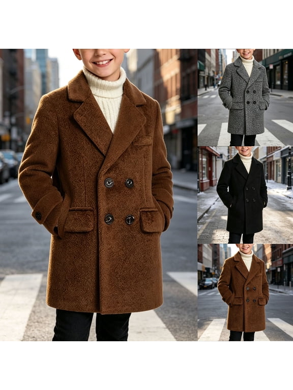 Boys Wool Blend Peacoat Kids Casual Trench Coat Fall Winter Long Coat Overcoat with Pockets Boys Long Overcoat Double Breasted Lapel Warm Winter Outerwear Coat 1-15 Years