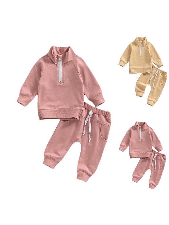 Boys' and Girls' Children Solid Leisure Long Sleeved Sweatshirt Pants Set Long Sleeved Half Zip Top Sweatpants Set 3 Months-3 Years