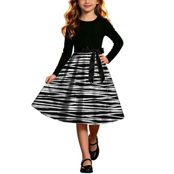 Auroural Children Girls Print Long Sleeves Performance Clothing Dress Lace Belt Skirt
