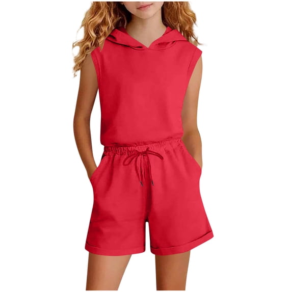 Auroural Girls 2 Piece Sets 14-16 Children's Fashion Solid Color Sleeveless Hooded Top Fashionable and Casual Tops/Shirt Shorts Sets