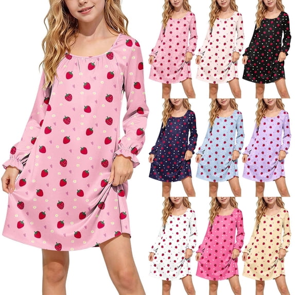 Auroural Girl'S Round Neck Long Sleeves Dress Homewear Sleeping Dress Kids