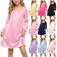 thumbnail image 1 of Auroural Girls Dress Satin Girl'S Solid Color Round Neck Long Sleeve Dress Homewear Sleeping Dress Kids, 1 of 9