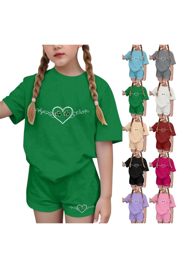 Girls Clothes Size 8 Sets Children's St. Patrick's Day Printed Heart Shaped Top Short Sleeve Round-Neck Blouses Two-Piece Set Shorts Sets for Kids