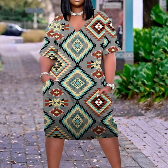 Auroural Clearance under $10.00 Plus Size Dresses for Women Dressy Plus Size Dress For Women V Neck Summer Casual Sundresses Pocket Knee Short Sleeve With Pockets